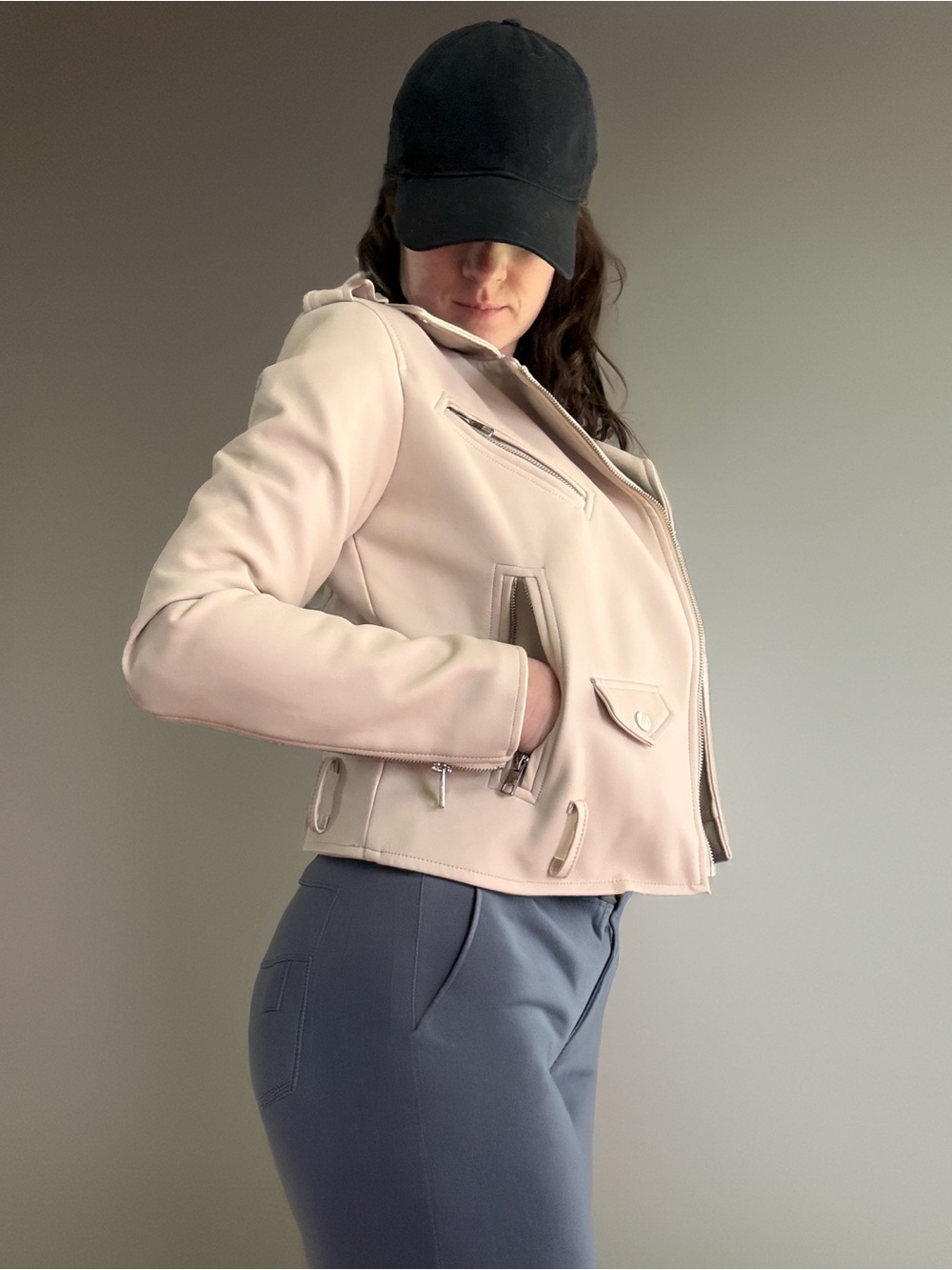 Womens Cream Moto-Style Leather Jacket with Zip Details